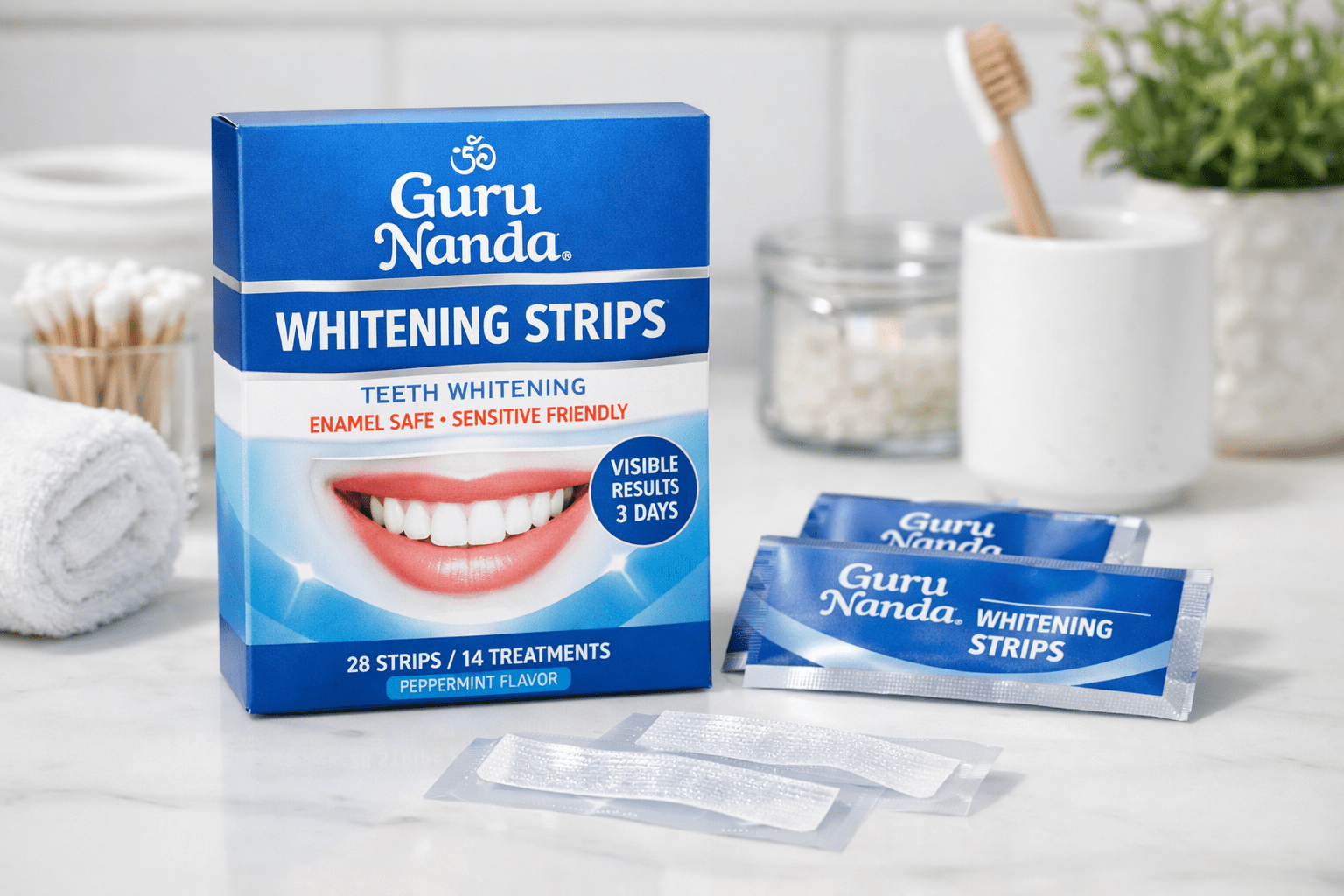 Guru Nanda whitening strips product and results visualization