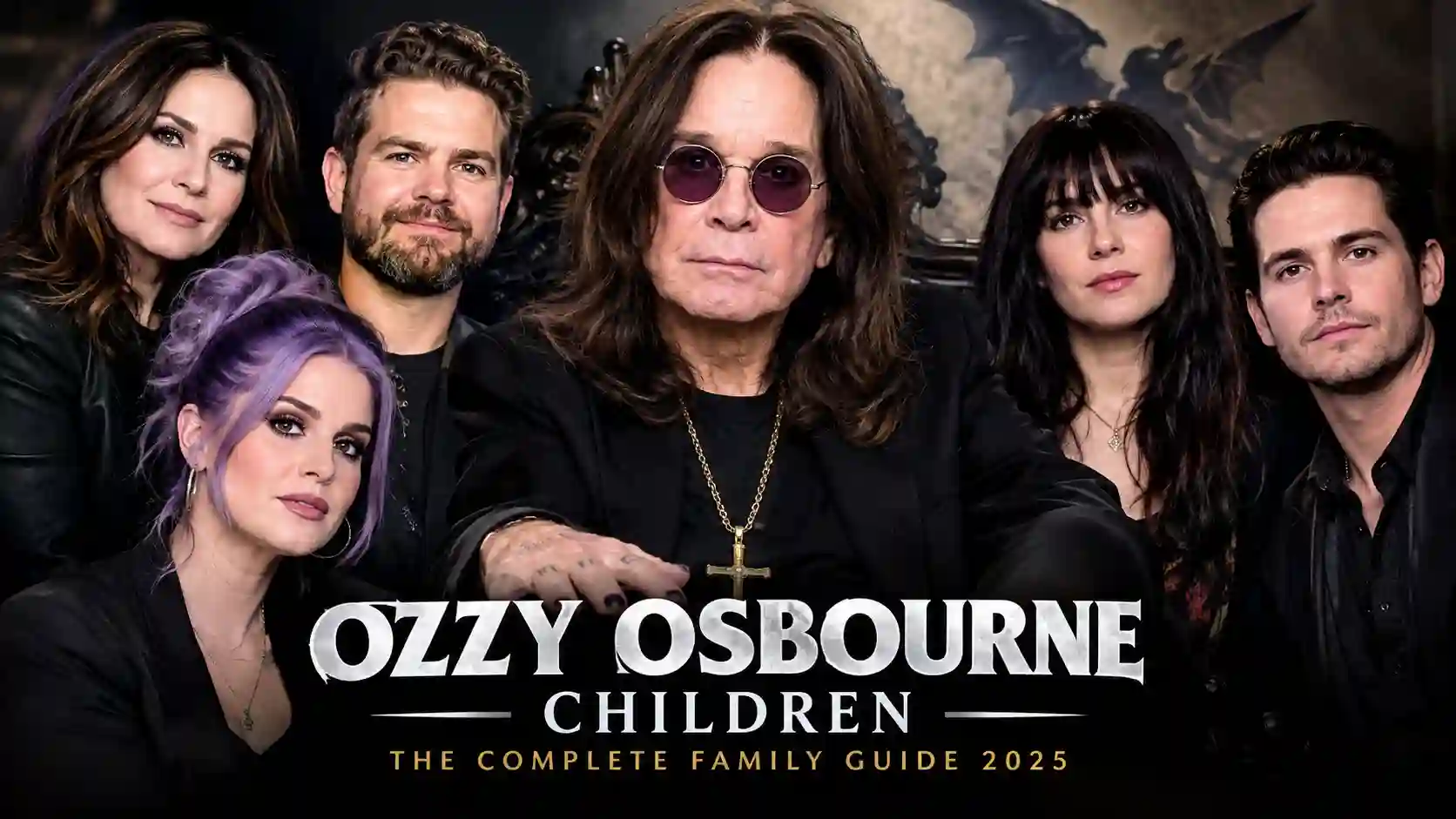 Ozzy Osbourne with his children in a cinematic family portrait