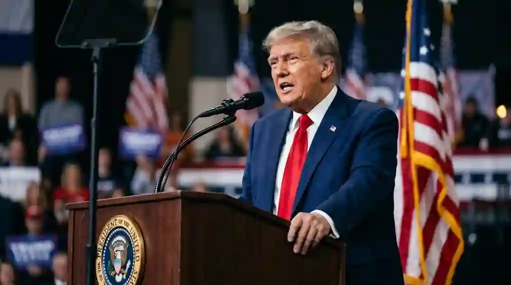 Donald Trump speaking at an executive wooden podium in a tailored navy blue suit and red tie with American flags in the background.