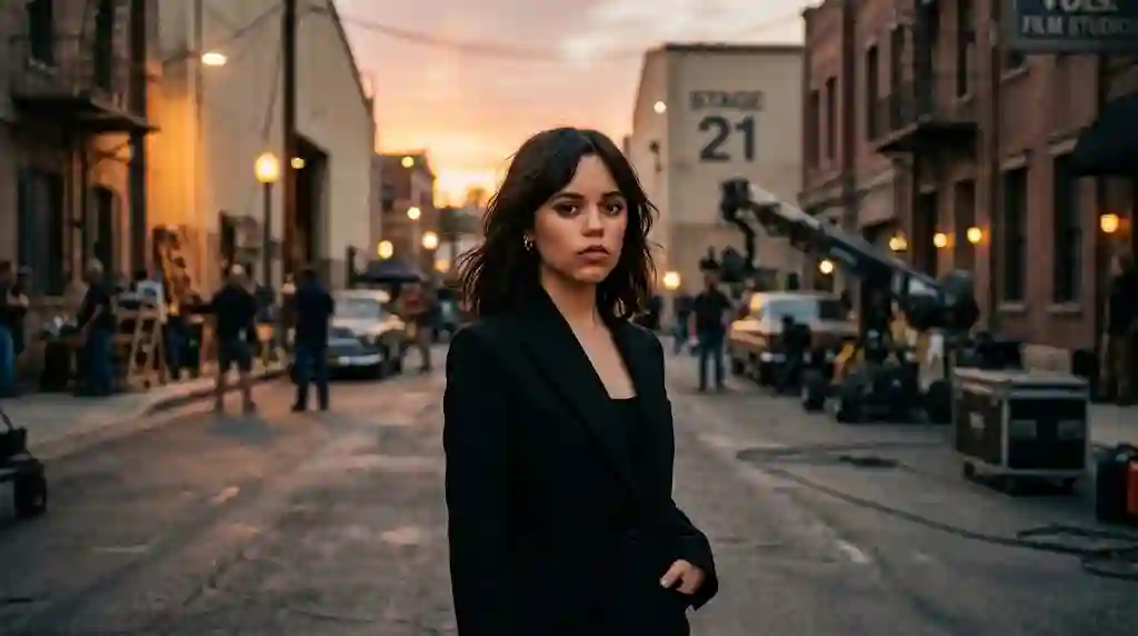 Jenna Ortega wearing a sleek black blazer standing on a moody Hollywood film studio backlot during golden hour with soundstage buildings in the background.