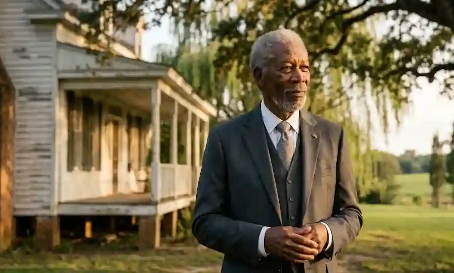 Dignified elderly African American actor in a charcoal suit standing outside a vintage Mississippi countryside manor during golden hour with soft bokeh.