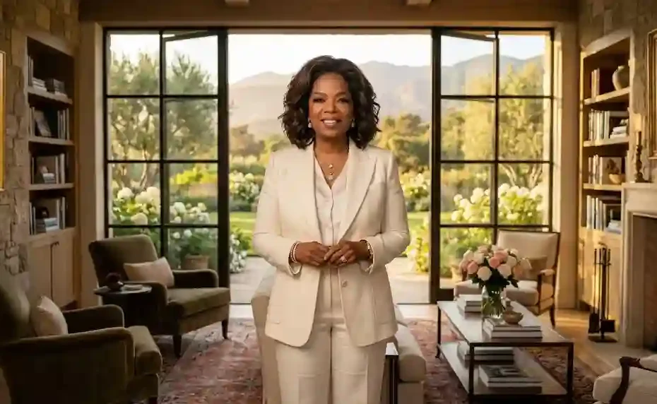 A photorealistic 16:9 cinematic portrait of Oprah Winfrey wearing an elegant cream tailored suit inside a sunlit Montecito luxury villa living room with garden views.