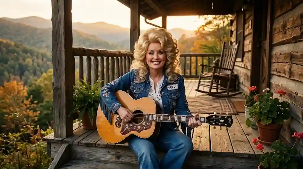 Young Dolly Parton with signature 1970s blonde hair holding an acoustic guitar on a rustic cabin porch in the Great Smoky Mountains during golden hour.
